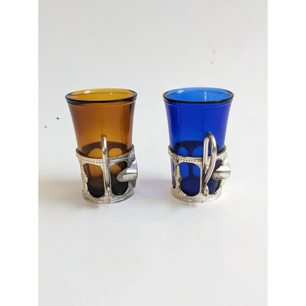 San Jose CA Vintage Souvenir Mini Mugs‎ Shot Glasses Cobalt Amber Mid-Century